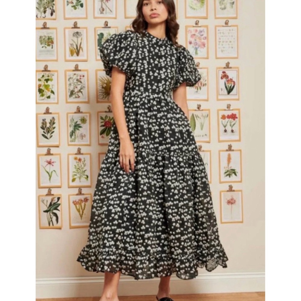 DREAM sister jane Jacquard Midi Dress Size S Black Silver Puff Sleeves NEW